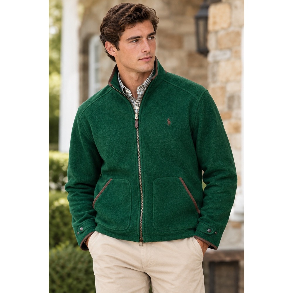 Polo Ralph Lauren Vintage Fleece Jacket Green Full Zip Faux Suede Trim Mens L